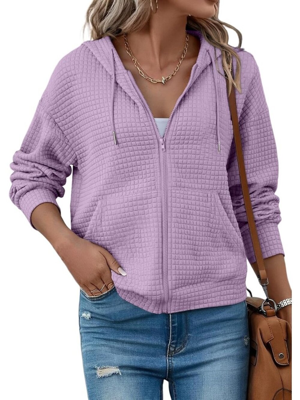 〽️Women's Purple Zip Up Hooded Oversized Sweatshirt Fall Fashion Waffle Jacket